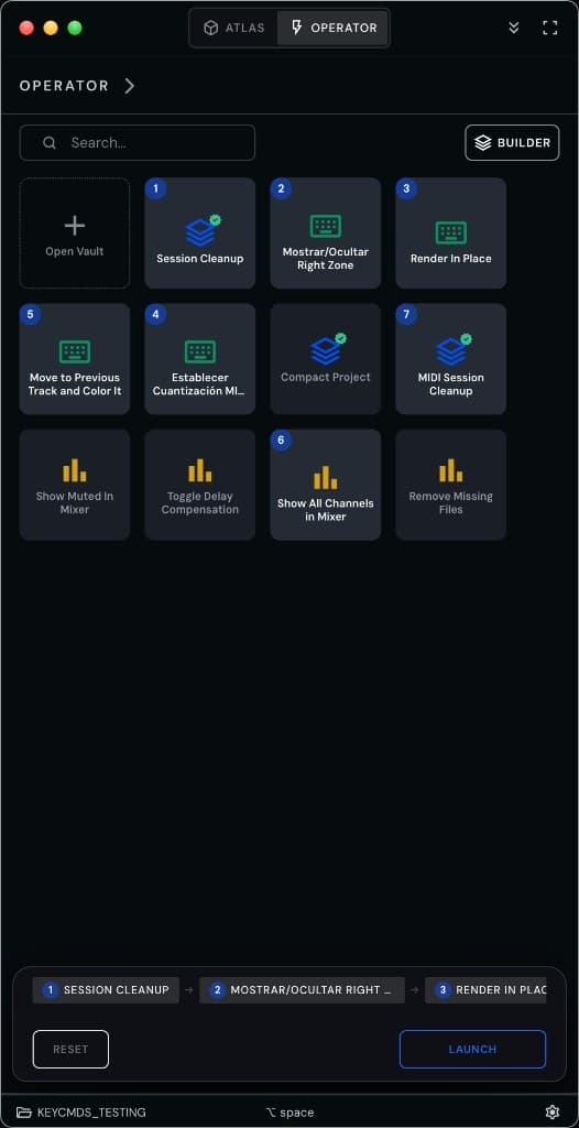 Operator Builder — tiles numeradas con barra de cadena, Reset y Launch